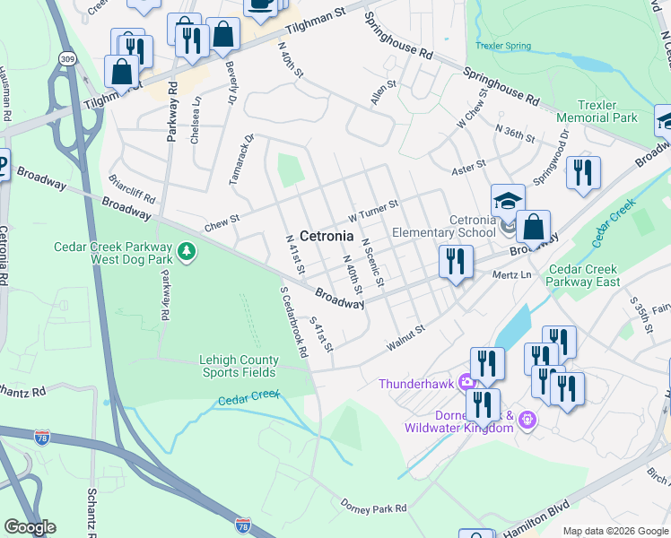 map of restaurants, bars, coffee shops, grocery stores, and more near 27 Sterling Street in Allentown