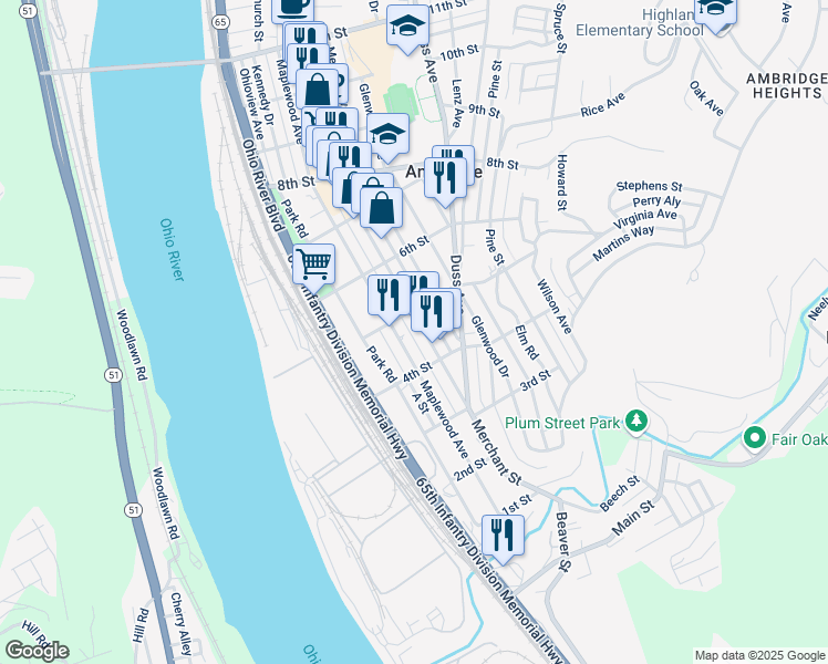 map of restaurants, bars, coffee shops, grocery stores, and more near 420 Maplewood Avenue in Ambridge