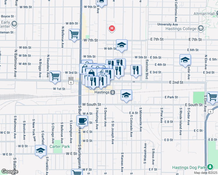 map of restaurants, bars, coffee shops, grocery stores, and more near 501 West 1st Street in Hastings