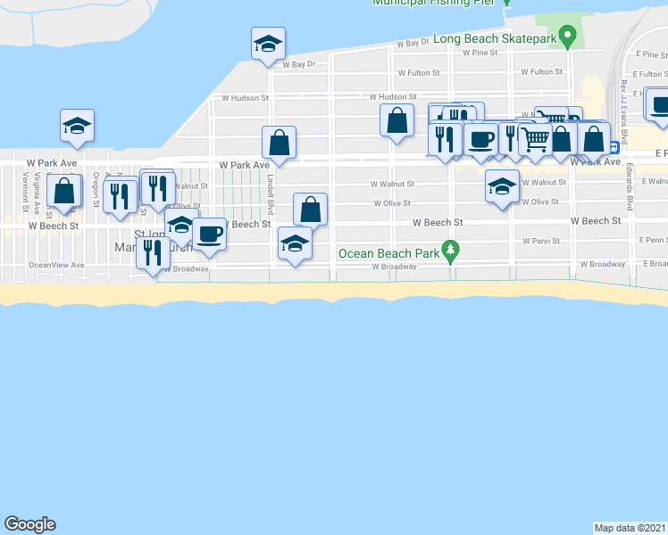 map of restaurants, bars, coffee shops, grocery stores, and more near W Broadway & Washington Blvd in Long Beach