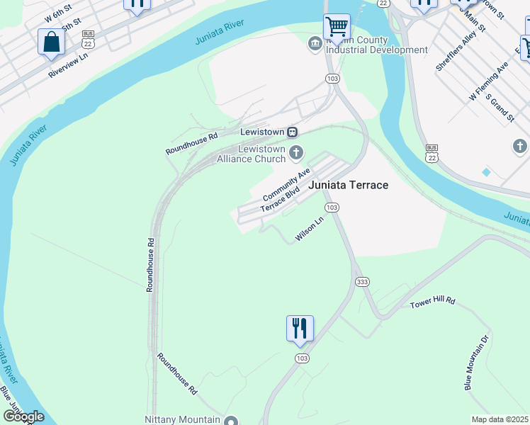 map of restaurants, bars, coffee shops, grocery stores, and more near 313 Terrace Boulevard in Lewistown