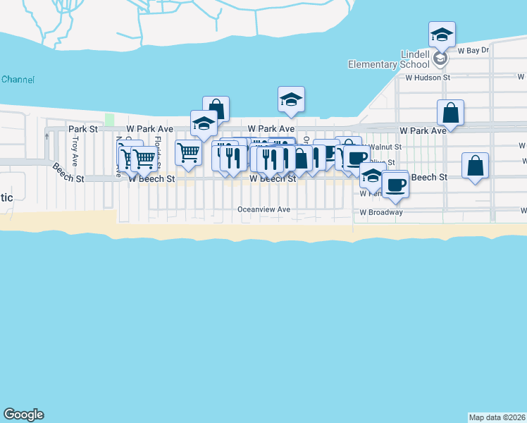 map of restaurants, bars, coffee shops, grocery stores, and more near 927 Ocean Beach Park in Long Beach