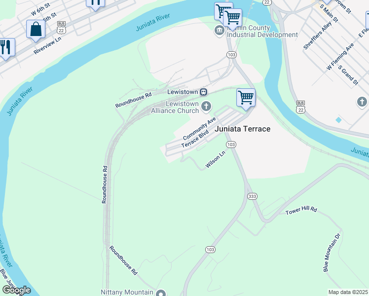 map of restaurants, bars, coffee shops, grocery stores, and more near 313 Terrace Boulevard in Lewistown