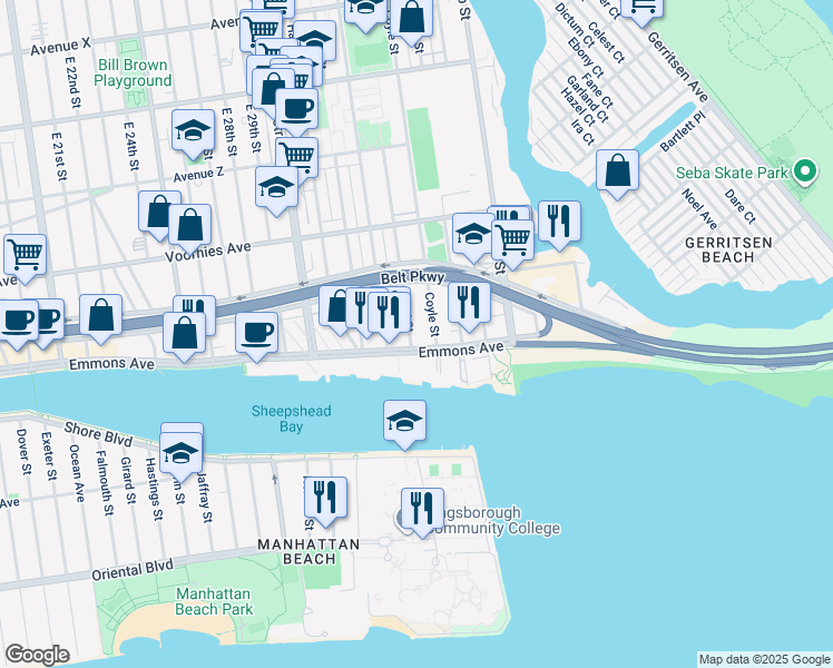 map of restaurants, bars, coffee shops, grocery stores, and more near 2841 Ford Street in Brooklyn