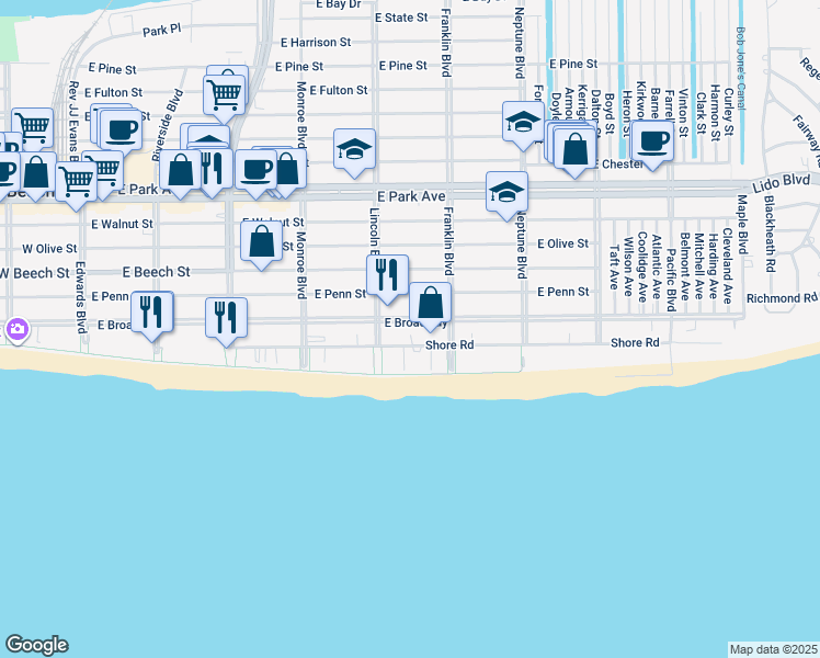 map of restaurants, bars, coffee shops, grocery stores, and more near 420s Shore Road in Long Beach