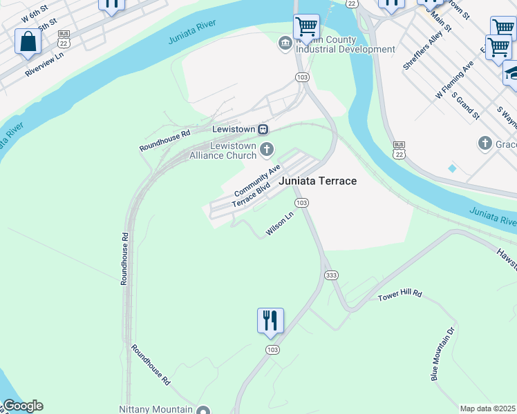 map of restaurants, bars, coffee shops, grocery stores, and more near in Lewistown