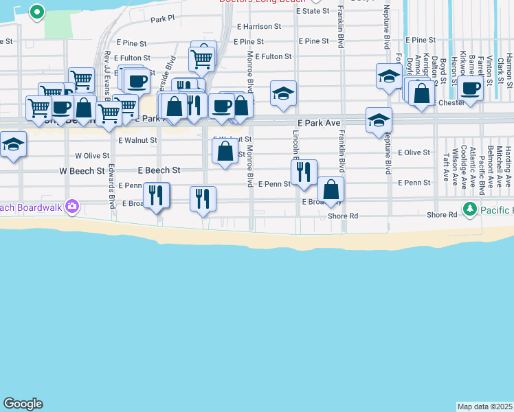 map of restaurants, bars, coffee shops, grocery stores, and more near 325 Shore Road in Long Beach