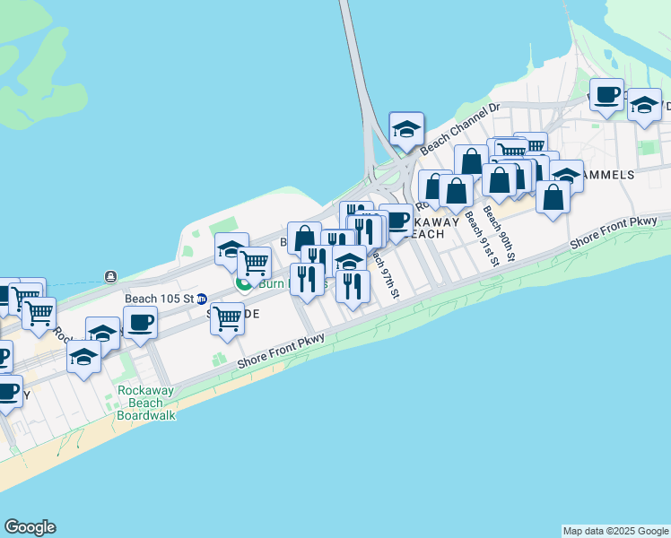 map of restaurants, bars, coffee shops, grocery stores, and more near 9918 Rockaway Beach Boulevard in Queens