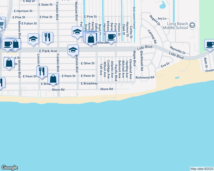 map of restaurants, bars, coffee shops, grocery stores, and more near 750 Shore Road in Long Beach