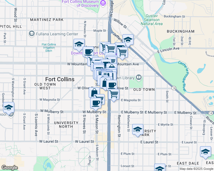 map of restaurants, bars, coffee shops, grocery stores, and more near 249 South College Avenue in Fort Collins