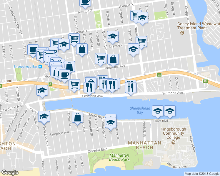 map of restaurants, bars, coffee shops, grocery stores, and more near 4816 Bedford Avenue in Brooklyn