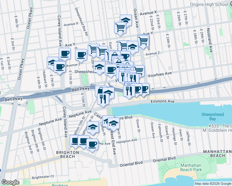 map of restaurants, bars, coffee shops, grocery stores, and more near 2778 East 16th Street in Brooklyn