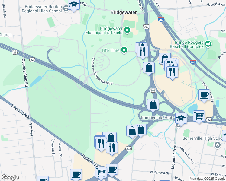 map of restaurants, bars, coffee shops, grocery stores, and more near 200 Somerset Corporate Boulevard in Bridgewater