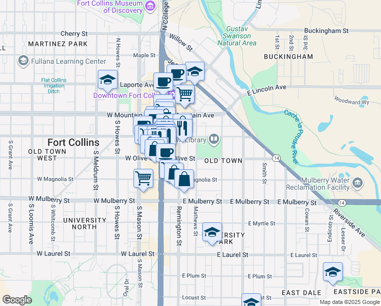 map of restaurants, bars, coffee shops, grocery stores, and more near 224 East Olive Street in Fort Collins