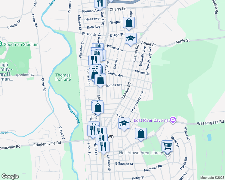map of restaurants, bars, coffee shops, grocery stores, and more near 1070 2nd Avenue in Hellertown