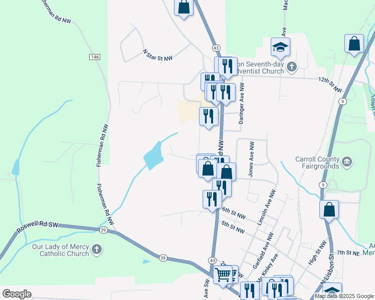 map of restaurants, bars, coffee shops, grocery stores, and more near 648 Longhorn Street Northwest in Carrollton