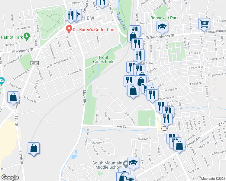map of restaurants, bars, coffee shops, grocery stores, and more near 1653 South Church Street in Allentown