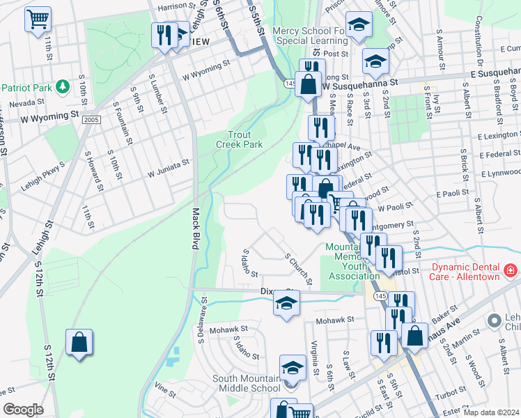 map of restaurants, bars, coffee shops, grocery stores, and more near 1653 South Church Street in Allentown