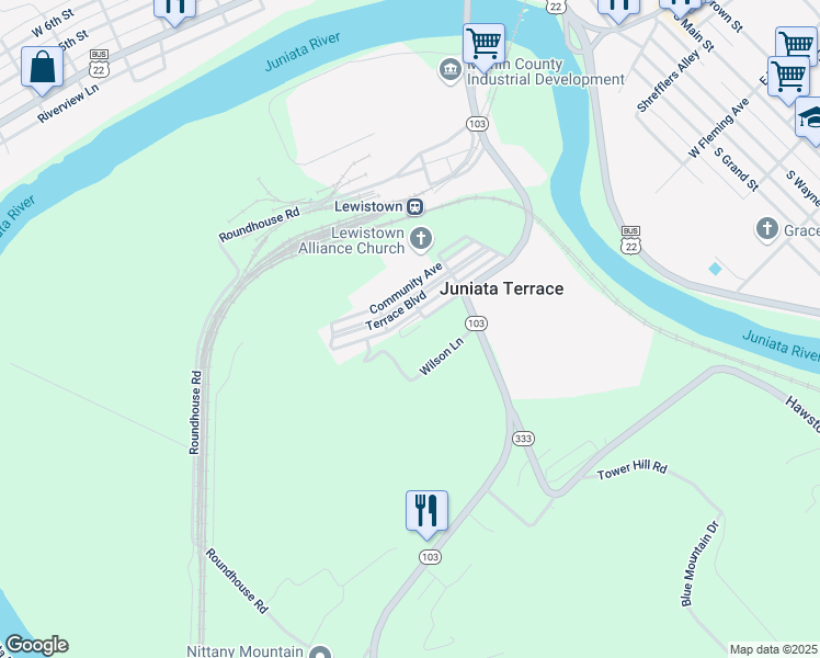 map of restaurants, bars, coffee shops, grocery stores, and more near in Lewistown