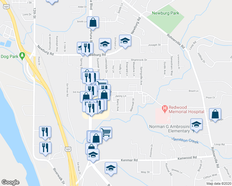 map of restaurants, bars, coffee shops, grocery stores, and more near 708 Barry Avenue in Fortuna