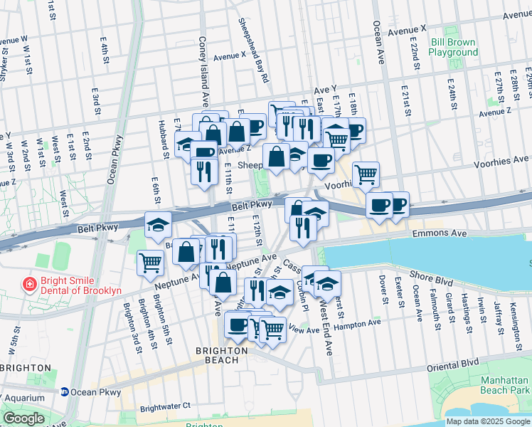 map of restaurants, bars, coffee shops, grocery stores, and more near 1147 Banner Avenue in Brooklyn