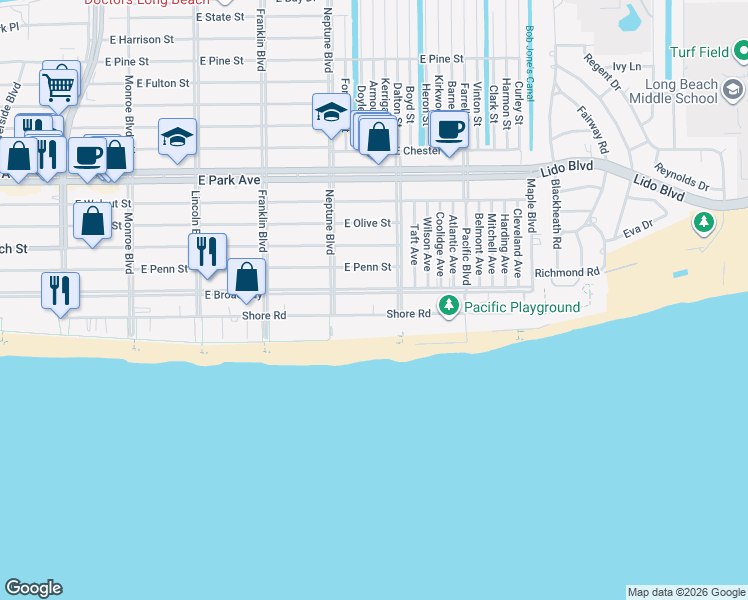 map of restaurants, bars, coffee shops, grocery stores, and more near 630 Shore Road in Long Beach
