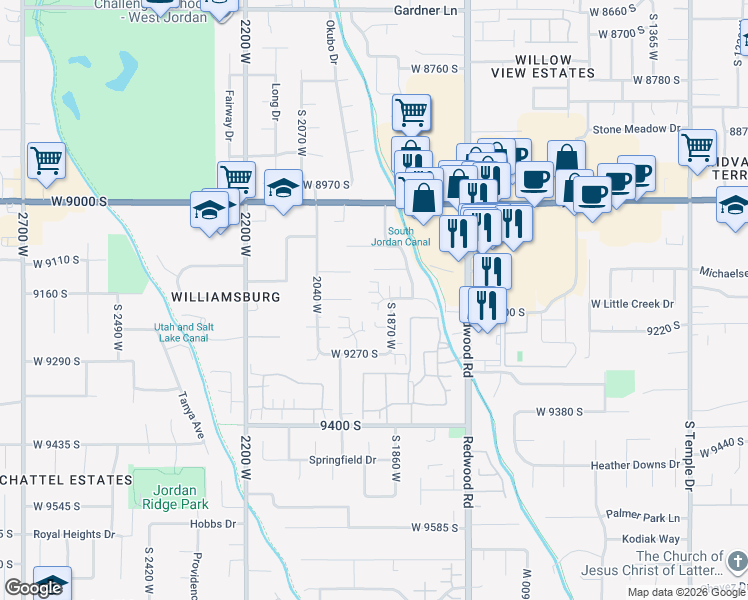 map of restaurants, bars, coffee shops, grocery stores, and more near 1916 West Hopalong Circle in West Jordan