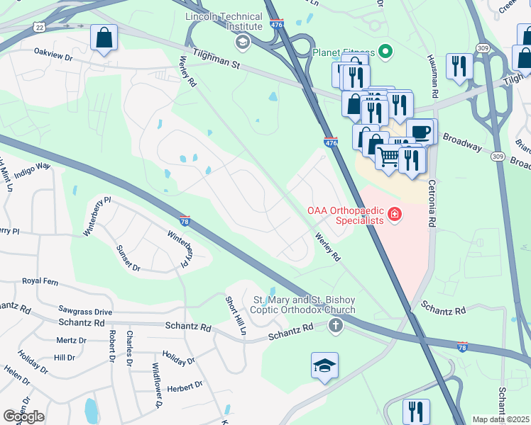 map of restaurants, bars, coffee shops, grocery stores, and more near Woodbrush Way in Allentown