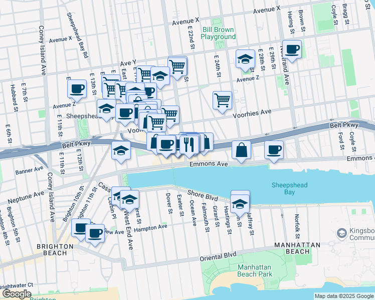 map of restaurants, bars, coffee shops, grocery stores, and more near 2005 Emmons Avenue in Brooklyn