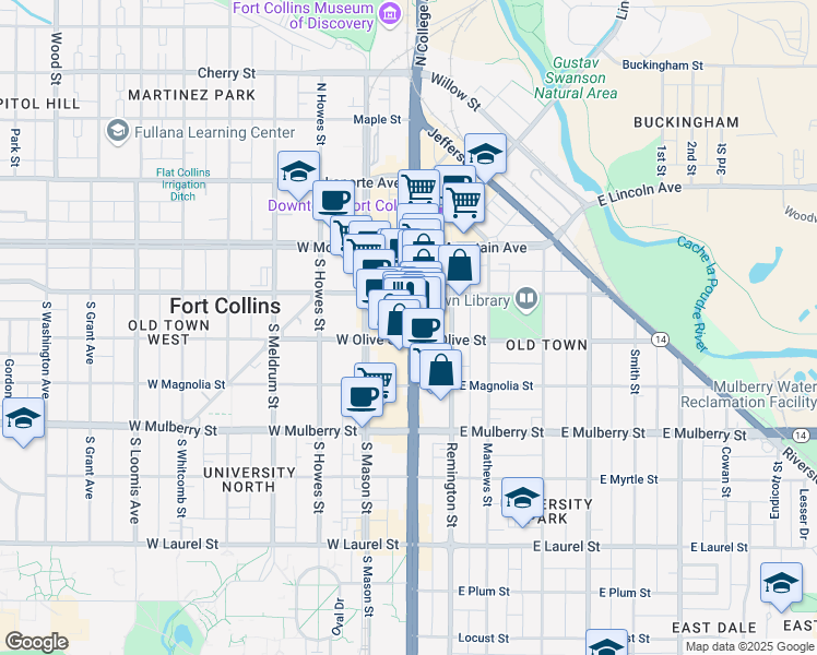 map of restaurants, bars, coffee shops, grocery stores, and more near 249 South College Avenue in Fort Collins