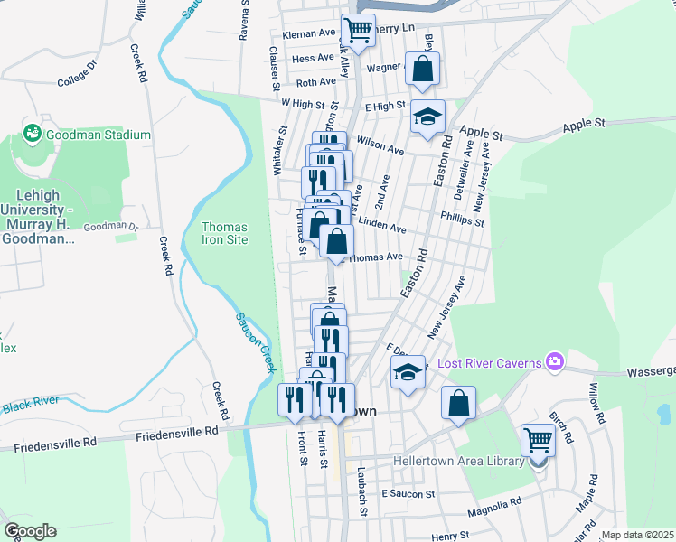 map of restaurants, bars, coffee shops, grocery stores, and more near 1075 Main Street in Hellertown