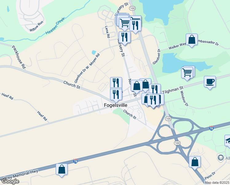 map of restaurants, bars, coffee shops, grocery stores, and more near 1015 Church Street in Fogelsville