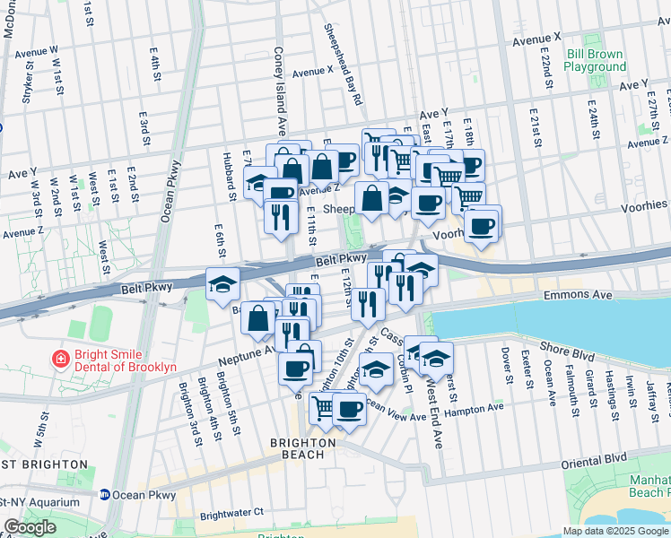 map of restaurants, bars, coffee shops, grocery stores, and more near 1129 Blake Court in Brooklyn