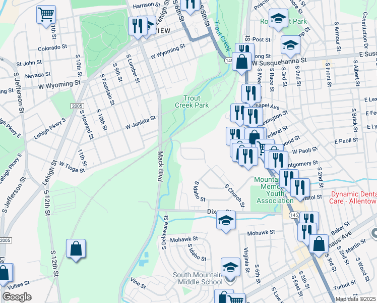 map of restaurants, bars, coffee shops, grocery stores, and more near 732 Trout Creek Lane in Allentown