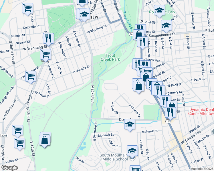 map of restaurants, bars, coffee shops, grocery stores, and more near 732 Trout Creek Lane in Allentown