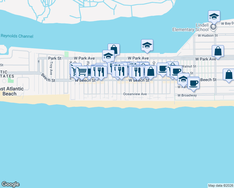 map of restaurants, bars, coffee shops, grocery stores, and more near OceanView Avenue & Minnesota Avenue in Long Beach