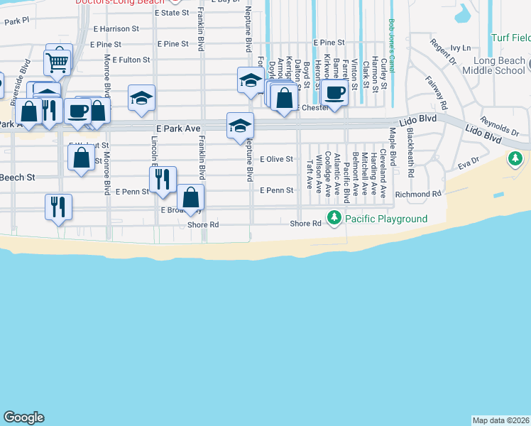 map of restaurants, bars, coffee shops, grocery stores, and more near 630 Shore Road in Long Beach