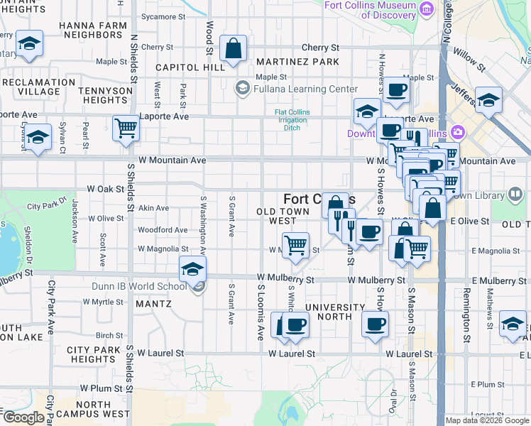 map of restaurants, bars, coffee shops, grocery stores, and more near in Fort Collins
