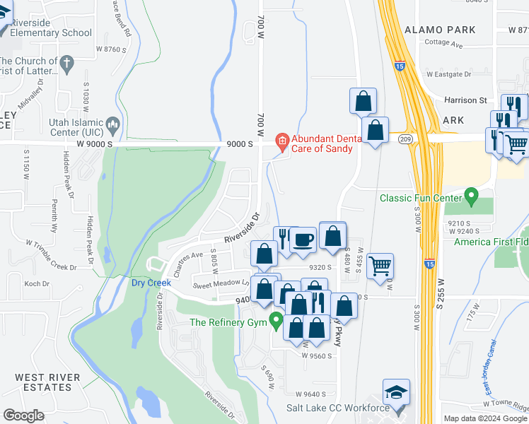 map of restaurants, bars, coffee shops, grocery stores, and more near 664 Jefferson Cove in Sandy