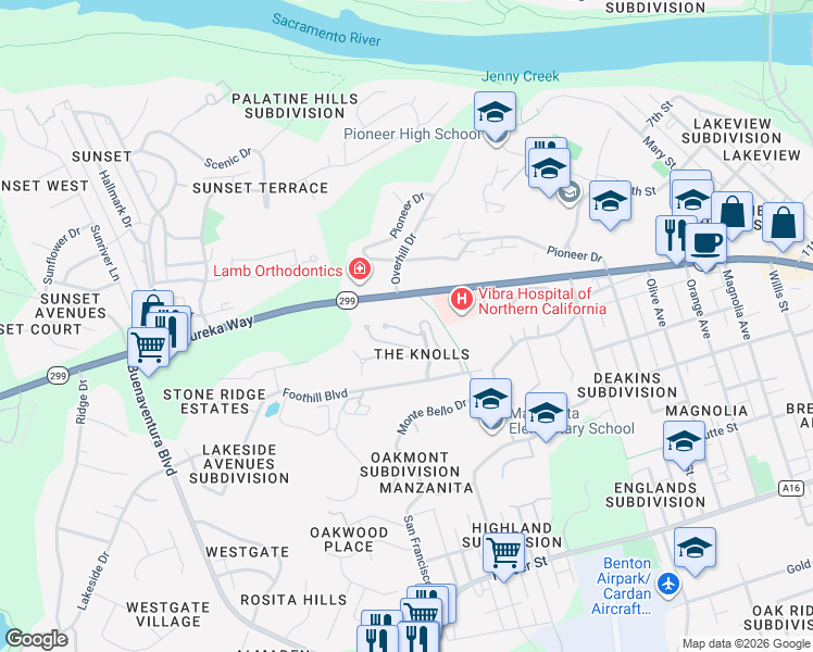 map of restaurants, bars, coffee shops, grocery stores, and more near 3148 Colombard Walk in Redding
