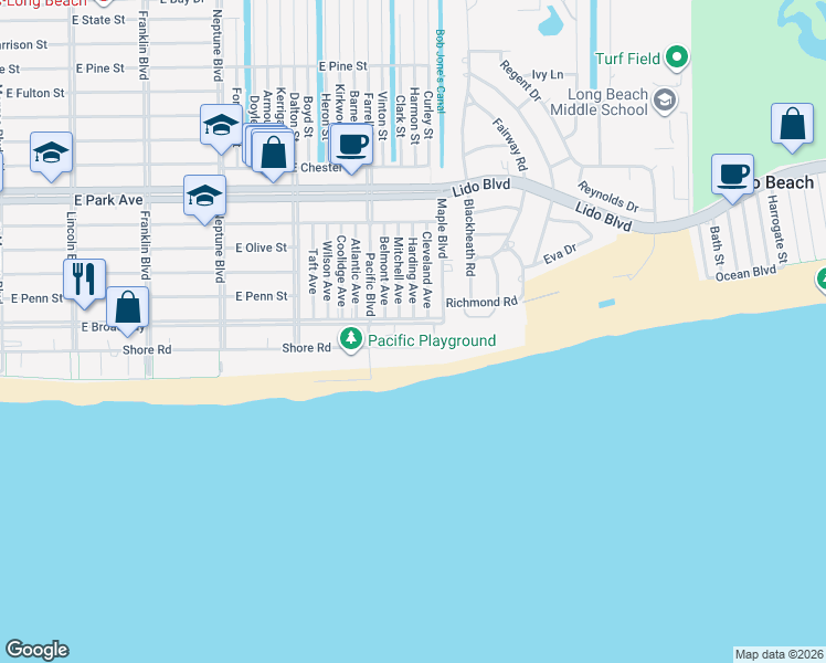 map of restaurants, bars, coffee shops, grocery stores, and more near 71 Harding Avenue in Long Beach
