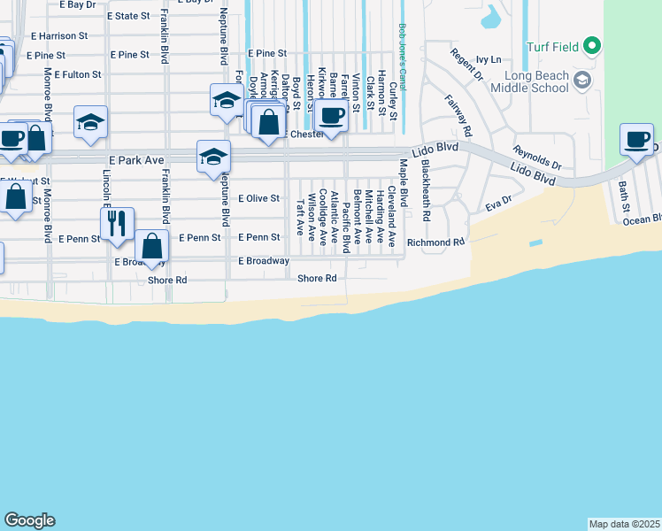 map of restaurants, bars, coffee shops, grocery stores, and more near 1 Pacific Boulevard in Long Beach