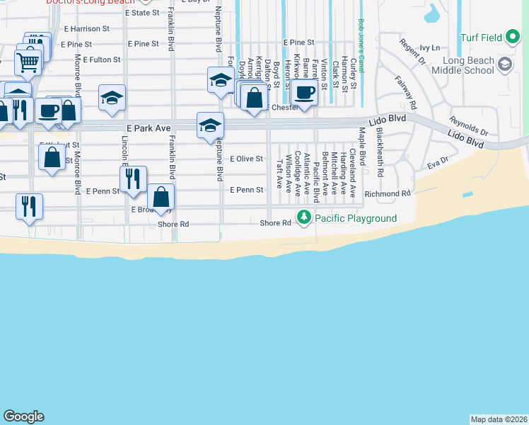 map of restaurants, bars, coffee shops, grocery stores, and more near 666 Shore Road in Long Beach
