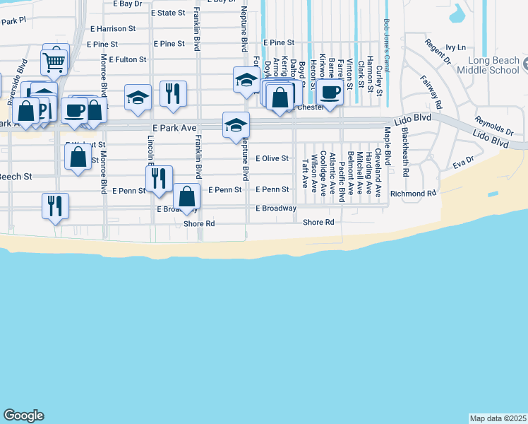 map of restaurants, bars, coffee shops, grocery stores, and more near 630 Shore Road in Long Beach