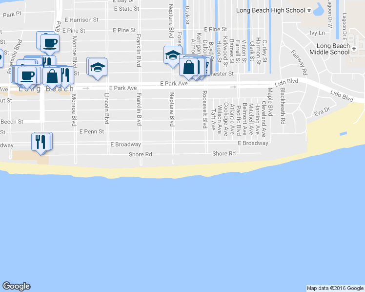 map of restaurants, bars, coffee shops, grocery stores, and more near 630 Shore Road in Long Beach