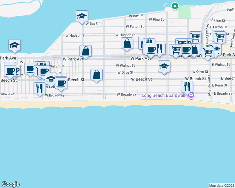 map of restaurants, bars, coffee shops, grocery stores, and more near 438 West Broadway in Long Beach