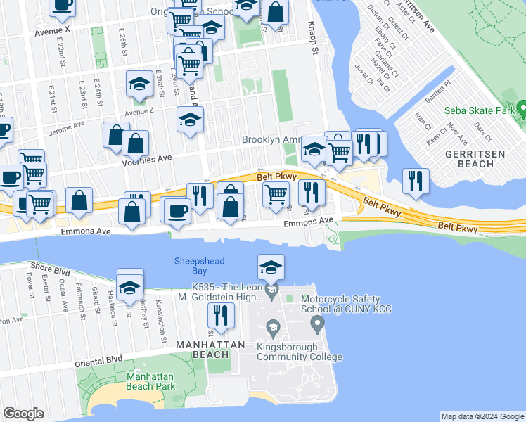 map of restaurants, bars, coffee shops, grocery stores, and more near 3136A Emmons Avenue in Brooklyn