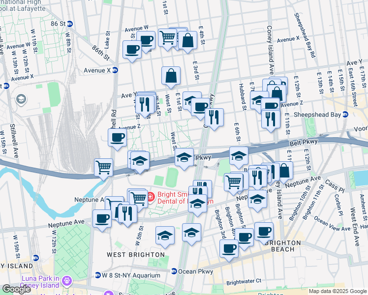 map of restaurants, bars, coffee shops, grocery stores, and more near 2615 Shore Parkway in Brooklyn