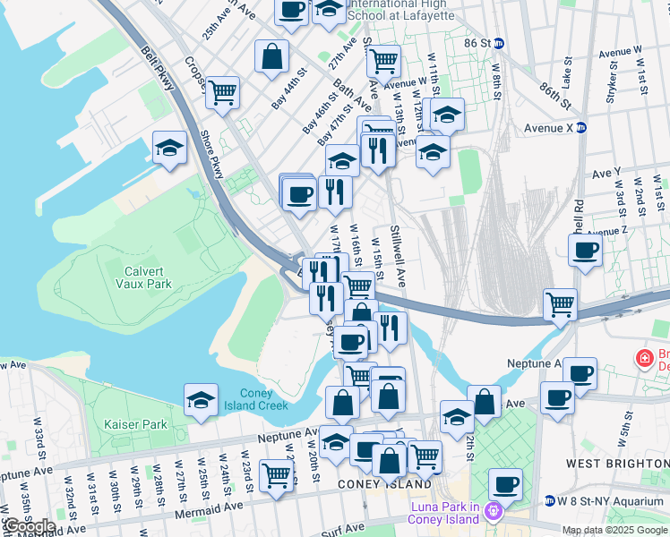 map of restaurants, bars, coffee shops, grocery stores, and more near 2939 Cropsey Avenue in Brooklyn