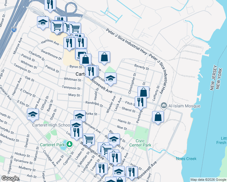map of restaurants, bars, coffee shops, grocery stores, and more near 657 Roosevelt Avenue in Carteret